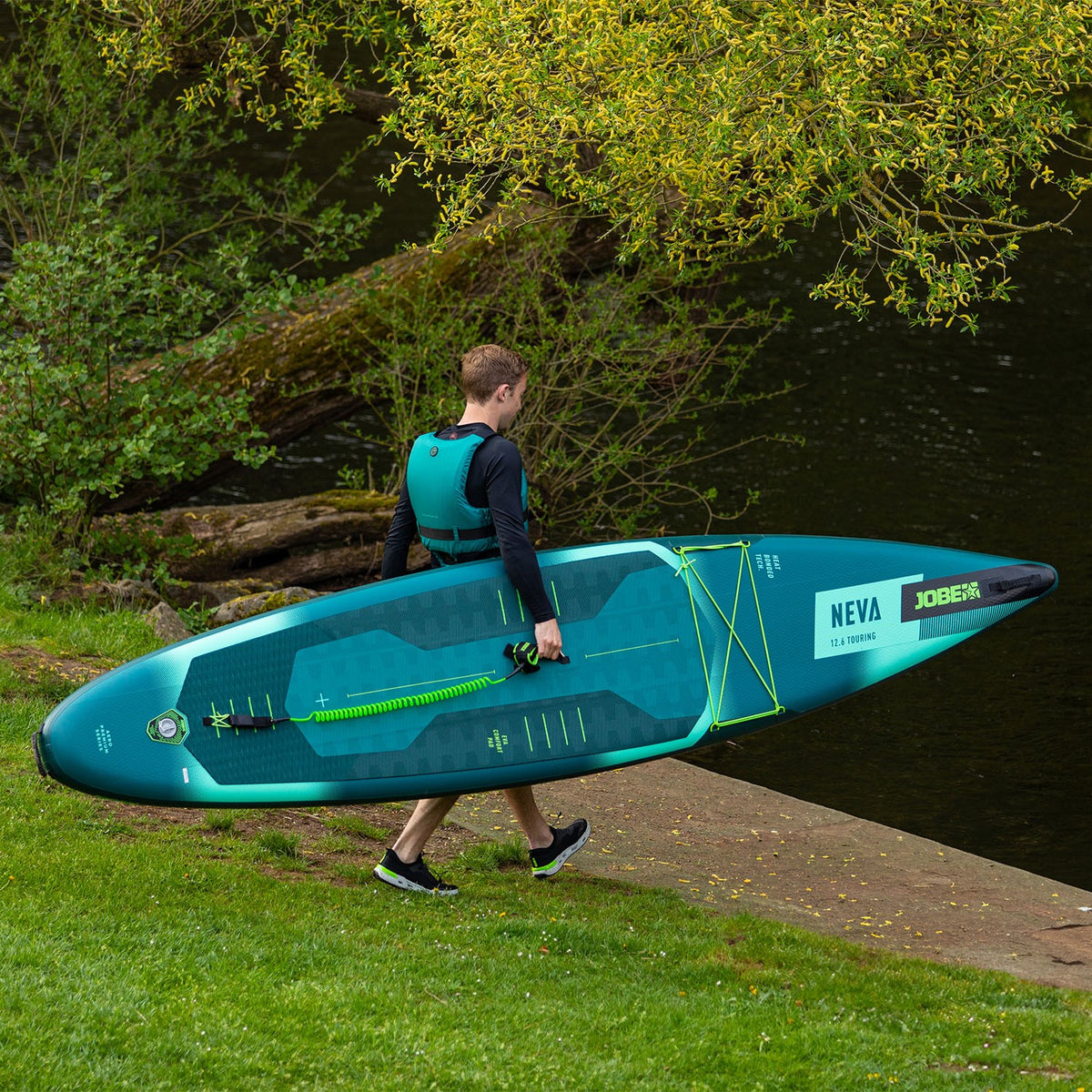 teal Jobe Neva inflatable stand-up paddleboard