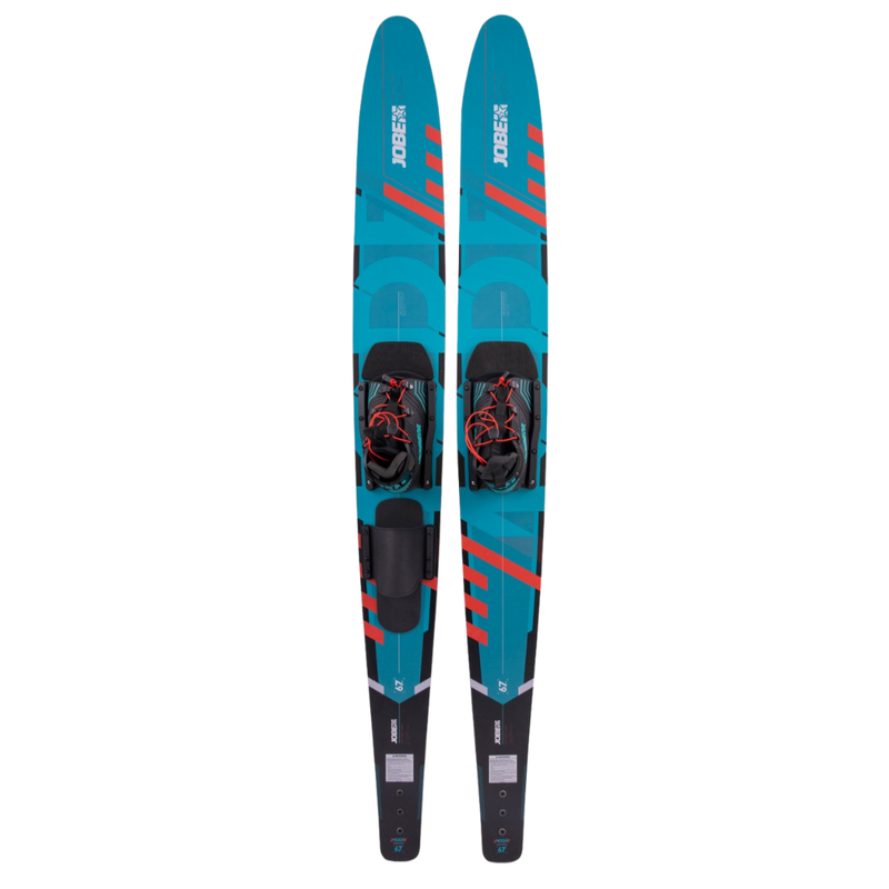 Pair of blue water skis with red accents on a white background